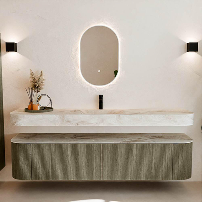 MONDIAZ THOR-DLUX Meuble de salle de bains - 200cm - arrondi gauche + droite - couleur Shadow - 2 tiroirs - 2 portes - Vasque suspendue CLOUD Milieu 1 trou de robinet couleur Frappe