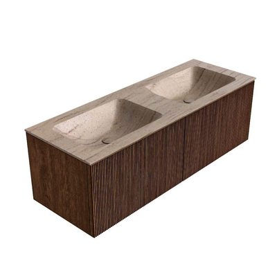 MONDIAZ KURVE-DLUX 130cm badmeubel kleur Walnut met 2 lades en 0 deuren. Wastafel LEAF Dubbel 2 kraangaten Saba.