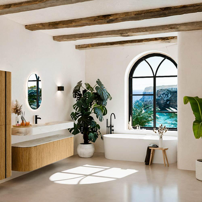 MONDIAZ THOR-DLUX 170cm badmeubel ronding links + rechts kleur Oak met 1 lade en 2 deuren. Vrijhangende wastafel CLOUD Midden 1 kraangat kleur Ostra.