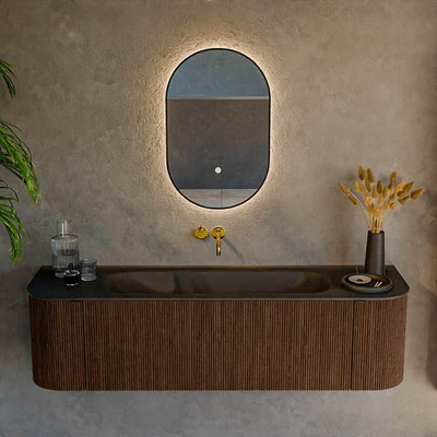 MONDIAZ KURVE 160cm Meuble salle de bain avec module 25 G et D - couleur Walnut - 1 tiroir - 2 portes - vasque BIG MEDIUM centre - sans trous de robinet - Urban