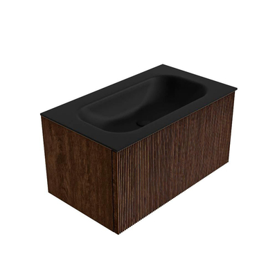MONDIAZ KURVE 80cm badmeubel kleur Walnut met 1 lade. Wastafel BIG SMALL midden 1 kraangat Urban.
