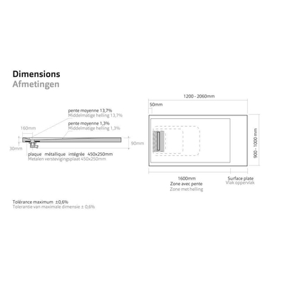 Xenz Soft douchevloer - 140x90x3 - balk afvoer rvs - wit mat