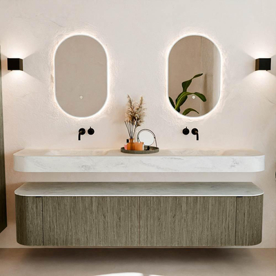 MONDIAZ THOR-DLUX 200cm meuble de salle de bains arrondi gauche + droite couleur Shadow avec 2 tiroirs et 2 portes. Vasque suspendue CLOUD Double sans trou de robinet couleur Opalo.