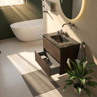 Saniclass Holz Pure Ensemble meuble de salle de bains - 80x45x62cm - lavabo Vygo en céramique noir - 1 vasque - sans trou de robinet - 2 tiroirs - chêne charcoal mat (bois)