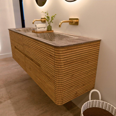 Mondiaz CIRO-DLUX Meuble de salle de bains - 150x45x50cm - lavabo en solid surface Oza - 2 vasques double - sans trous de robinetterie - 4 tiroirs - Chêne