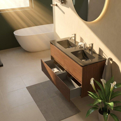 Saniclass Holz Pure Ensemble de meubles de salle de bains - 120x45x62cm - Vygo lavabo en céramique noir - 2 vasques - 2 trous de robinetterie - 4 tiroirs - mat walnut pure (bois)
