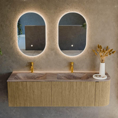 MONDIAZ KURVE-DLUX Meuble de salle de bains 155cm arrondi à droite couleur Dusk avec 2 tiroirs et 1 porte. Lavabo LEAF Double / Gauche 2 trous de robinet Oza.