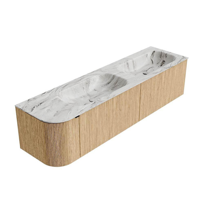 MONDIAZ KURVE-DLUX 175cm badmeubel met module 25 L kleur Oak met 2 lades en 1 deur. Wastafel STOR SMALL dubbel / rechts 2 kraangaten kleur Glace.