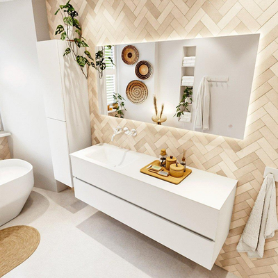 MONDIAZ VICA meuble sous lavabo 150cm Talc 2 tiroirs. Lavabo CLOUD gauche sans trou de robinet, couleur Talc.