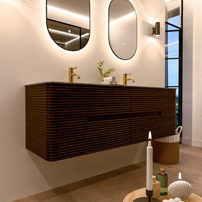 Mondiaz CIRO-DLUX Meuble de salle de bains - 150x45x50cm - Plan vasque solid surface Oza - 2 bacs Double - 2 trous de robinetterie - 4 tiroirs - Noyer