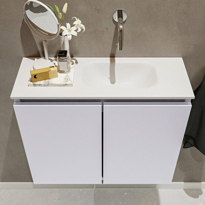 MONDIAZ TURE Fonteinset - 60x23x50cm - 0 kraangaten - 2 deuren - cale mat - Wasbak rechts - Solid Surface Wit