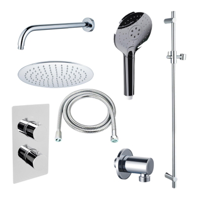 Fortifura Calvi Inbouw Regendoucheset - thermostatisch - wandarm - glijstang - 25cm - hoofddouche - ronde handdouche - metalen doucheslang - hoogglans chroom