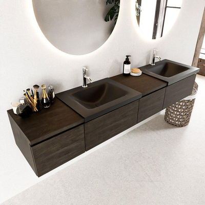 MONDIAZ BUKLA 200cm badmeubel met module 40 rechts kleur Dark Brown met 4 lades. Wastafel CLOUD dubbel 2 kraangaten kleur Urban.