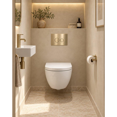 QeramiQ Dely Swirl Compact Ensemble WC - réservoir encastré QeramiQ flush - abattant 25 mm - plaque de commande métallique laiton brossé (or) - boutons ronds - blanc brillant