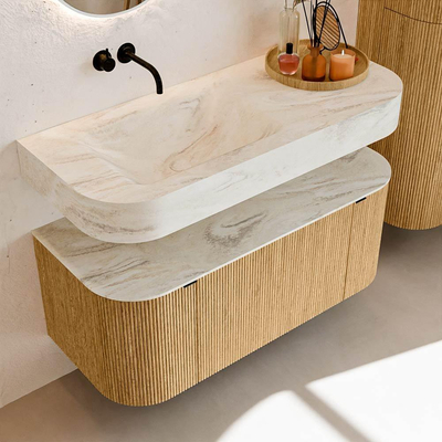 MONDIAZ THOR-DLUX 110cm meuble de salle de bains arrondi gauche + droite couleur Chêne avec 1 tiroir et 2 portes. Vasque suspendue CLOUD Gauche sans trou de robinet couleur Ostra.