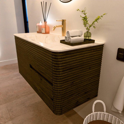 Mondiaz CIRO-DLUX Meuble de salle de bains - 100x45x50cm - Plan vasque Solid surface Ostra - 1 vasque au milieu - 1 trou de robinetterie - 2 tiroirs - Shadow