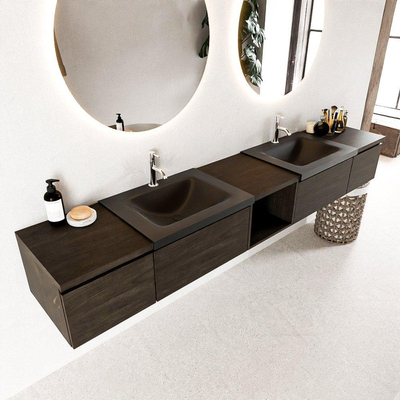 MONDIAZ BUKLA 240cm badmeubel met open module 40 midden kleur Dark Brown met 4 lades. Wastafel CLOUD dubbel 2 kraangaten kleur Urban.