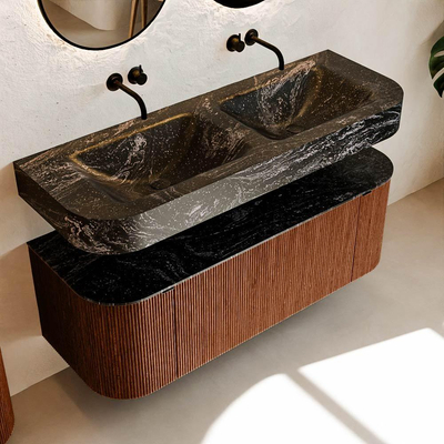 MONDIAZ THOR-DLUX Meuble de salle de bains 130cm arrondi gauche + droite couleur Ruby avec 1 tiroir et 2 portes. Vasque suspendue CLOUD Double sans trou de robinet couleur Lava.