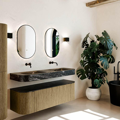 MONDIAZ THOR-DLUX 150cm meuble de salle de bains arrondi gauche + droite couleur Dusk avec 1 tiroir et 2 portes. Vasque suspendue CLOUD Double sans trou de robinet couleur Lava.