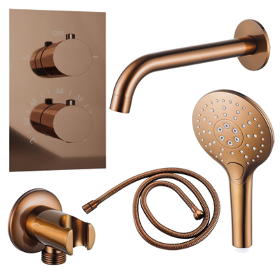 FugaFlow Eccelente Acces Badkraan set - uitloop - 22cm inkortbaar - metalen slang - ronde handdouche - inbouwdeel - wandhouder - geborsteld koper PVD