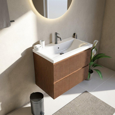 Saniclass Holz Atelier Ensemble de meuble de salle de bains - 80x45x63.5cm - lavabo en céramique Bari blanc - 1 vasque - 1 trou de robinet - 2 tiroirs - walnut pure mat (bois)