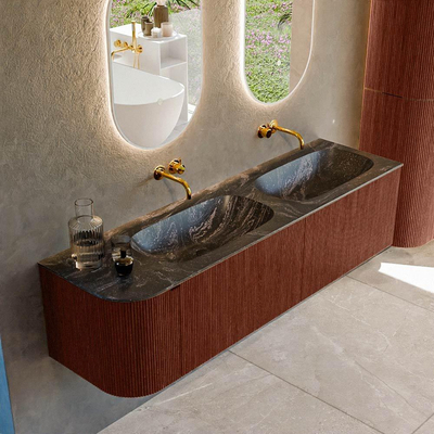 Mondiaz KURVE-DLUX Badkamermeubelset - 165x46x40cm - 2 lade - 1 deur - wastafel solid surface - dubbel / rechts - zonder kraangat - Ruby