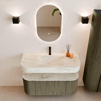 MONDIAZ THOR-DLUX Meuble de salle de bains 110cm arrondi gauche + droite couleur Shadow avec 1 tiroir et 2 portes. Vasque suspendue CLOUD Milieu 1 trou de robinet couleur Ostra.