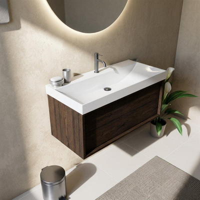 Saniclass Holz Frame Ensemble de meubles de salle de bains - 100x45x47.5cm - lavabo Wave en céramique - 1 vasque - 1 trou de robinet - 1 tiroir - chêne charcoal mat (bois)