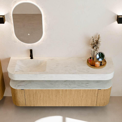 MONDIAZ THOR-DLUX 170cm meuble de salle de bains arrondi gauche + droite couleur Oak avec 1 tiroir et 2 portes. Vasque suspendue CLOUD Gauche 1 trou de robinet couleur Opalo.