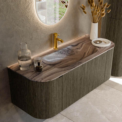 MONDIAZ KURVE-DLUX 120cm badmeubel ronding Links + Rechts kleur Shadow met 1 lade en 2 deuren. Wastafel BIG SMALL Midden 1 kraangat Sombra.