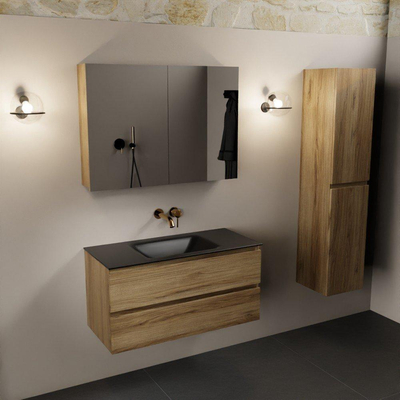 Mondiaz AIVY Ensemble de meuble - 100x45x50cm - 0 trous de robinet - 1 vasque Urban Solid surface - Centre - 2 tiroirs - avec miroir - Melamine Chai