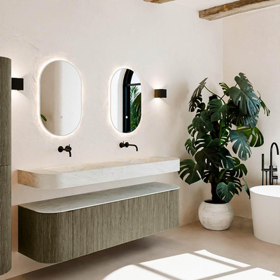 MONDIAZ THOR-DLUX 170cm meuble de salle de bains arrondi gauche + droite couleur Shadow avec 1 tiroir et 2 portes. Vasque suspendue CLOUD Double sans trou de robinet couleur Opalo.