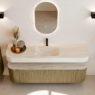 MONDIAZ THOR-DLUX Meuble de salle de bains - 170cm - arrondi gauche + droite - couleur Dusk - 1 tiroir et 2 portes - Vasque suspendue CLOUD Centre 1 trou de robinet couleur Meli