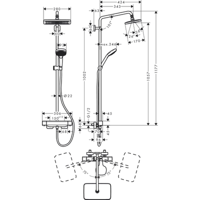 Hansgrohe Croma e 280 - showerpipe: - met douchekraan - thermostatisch - met 1jet - hoofddouche - ecosmart - met 3jet - handdouche multi en doucheslang - 200cm - thermostaat - hoogglans chroom