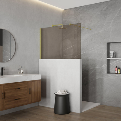 Fortifura Galeria Halfhoge Inloopdouche - 100x80cm - rookglas - 8mm - nano - met profiel en stabilisatiestang - Geborsteld Messing PVD (Goud)