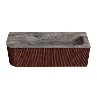 MONDIAZ KURVE-DLUX 135cm meuble de salle de bains arrondi Gauche couleur Ruby avec 1 tiroir et 1 porte. Lavabo BIG MEDIUM Droite sans trou de robinet Oza.