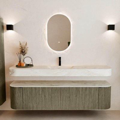 MONDIAZ THOR-DLUX 180cm meuble de salle de bains arrondi gauche + droite couleur Shadow avec 2 tiroirs et 2 portes. Vasque suspendue CLOUD Milieu 1 trou de robinet couleur Ostra.