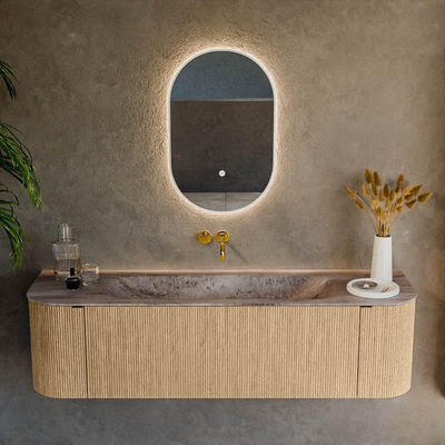 MONDIAZ KURVE-DLUX Meuble de salle de bains 160cm arrondi Gauche + Droite couleur Chêne avec 1 tiroir et 2 portes. Lavabo BIG MEDIUM Central sans trou de robinet Oza.