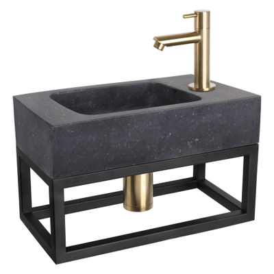 Differnz Force fonteinset - 40x22x9cm - Rechthoek - 1 kraangat - Recht matte goude kraan - met zwart frame - Natuursteen Zwart SHOWROOMMODEL