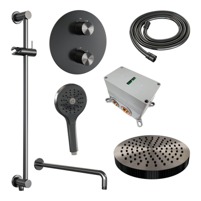 BRAUER Stripe Thermostatische Inbouw Regendouche - 3-weg - rond - 25cm douchekop - gebogen muurarm - 3-standen handdouche - doucheslang - geïntegreerde glijstang - gunmetal geborsteld PVD