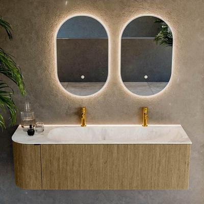 Mondiaz KURVE-DLUX Ensemble meuble de salle de bains - 145x46x40cm - 1 tiroir - 1 porte - lavabo solid surface - droite - 2 trous de robinet - Dusk