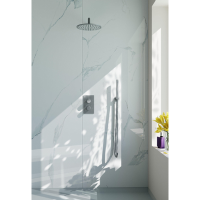 FugaFlow Eccelente Acces Ensemble de douche de tête encastré - thermostatique - bras mural - douche de tête 30cm - douchette à main sur barre - flexible de douche lisse - Inox brossé PVD