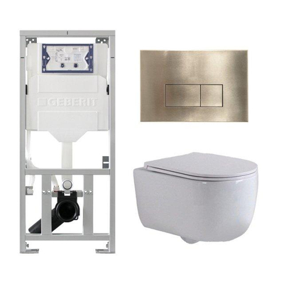 QeramiQ Dely Swirl Toiletset - 36.3x51.7cm - diepspoel - rimless - Geberit UP320 inbouwreservoir - met Burda frame - slim zitting - geborsteld messing bedieningsplaat - rechtehoekige knoppen - wit mat