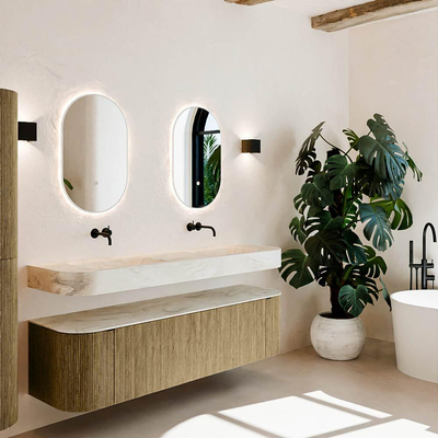 MONDIAZ THOR-DLUX 170cm meuble de salle de bains arrondi gauche + droite couleur Dusk avec 1 tiroir et 2 portes. Vasque suspendue CLOUD Double sans trou de robinet couleur Ostra.