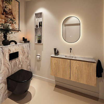 MONDIAZ TURE-DLUX Meuble toilette - 100cm - Washed Oak - EDEN - vasque Glace - position centrale - sans trou de robinet