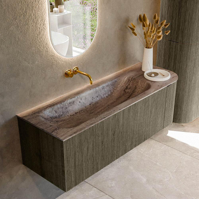 MONDIAZ KURVE-DLUX Meuble de salle de bains 135cm arrondi à droite couleur Shadow avec 1 tiroir et 1 porte. Lavabo BIG MEDIUM gauche sans trou de robinet Oza.