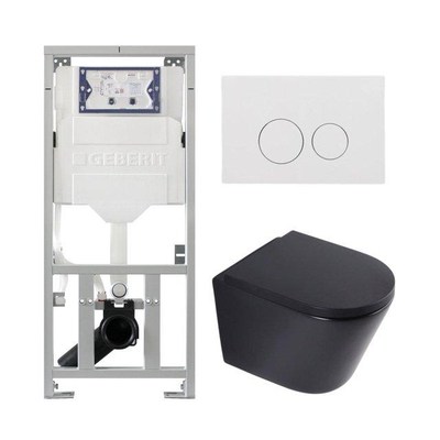 QeramiQ Dely Toiletset - 36.3x51.7cm - diepspoel - rimless - Geberit UP320 inbouwreservoir - softclose toilet zitting - 35mm - glans witte bedieningsplaat - ronde knoppen - mat zwart