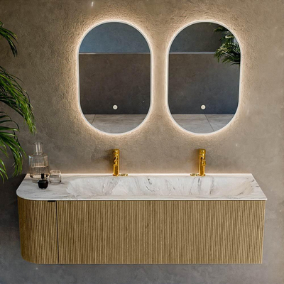 Mondiaz KURVE-DLUX Ensemble de meubles de salle de bains - 145x46x40cm - 1 tiroir - 1 porte - lavabo solid surface - droite - 2 trous de robinet - Dusk