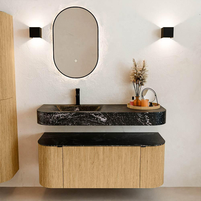 MONDIAZ THOR-DLUX 120cm badmeubel ronding links + rechts kleur Oak met 1 lade en 2 deuren. Vrijhangende wastafel CLOUD Links 1 kraangat kleur Lava.