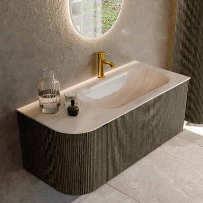 MONDIAZ KURVE-DLUX Meuble de salle de bains 105cm arrondi à gauche couleur Shadow avec 1 tiroir et 1 porte. Lavabo BIG SMALL à droite 1 trou de robinet Meli.